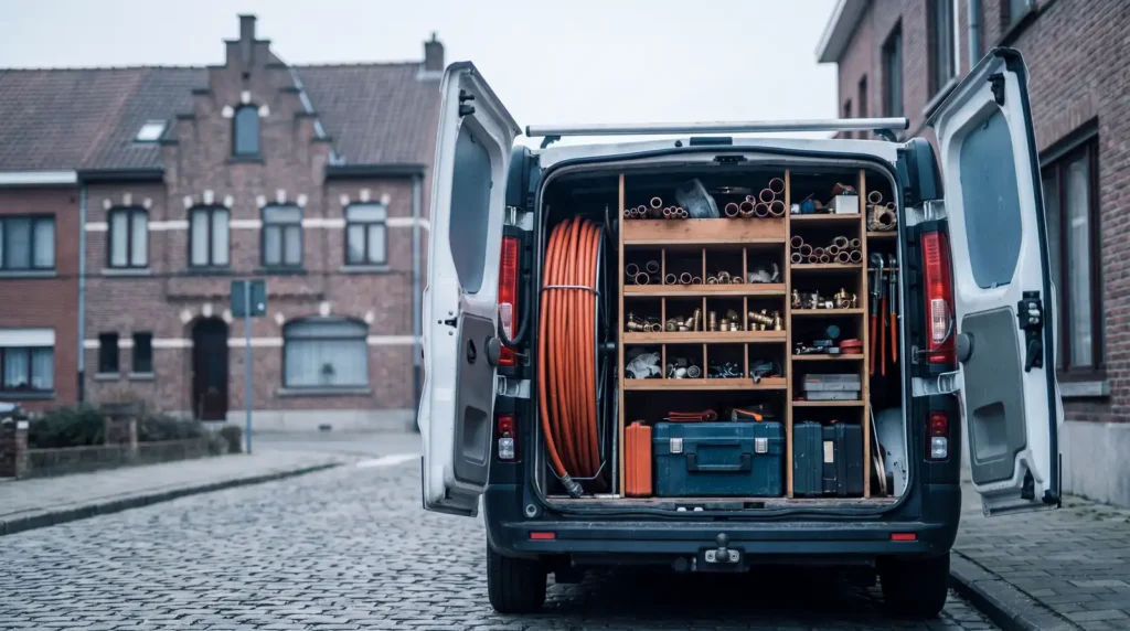 Uitgeruste bestelwagen van een loodgieter in Vlaanderen